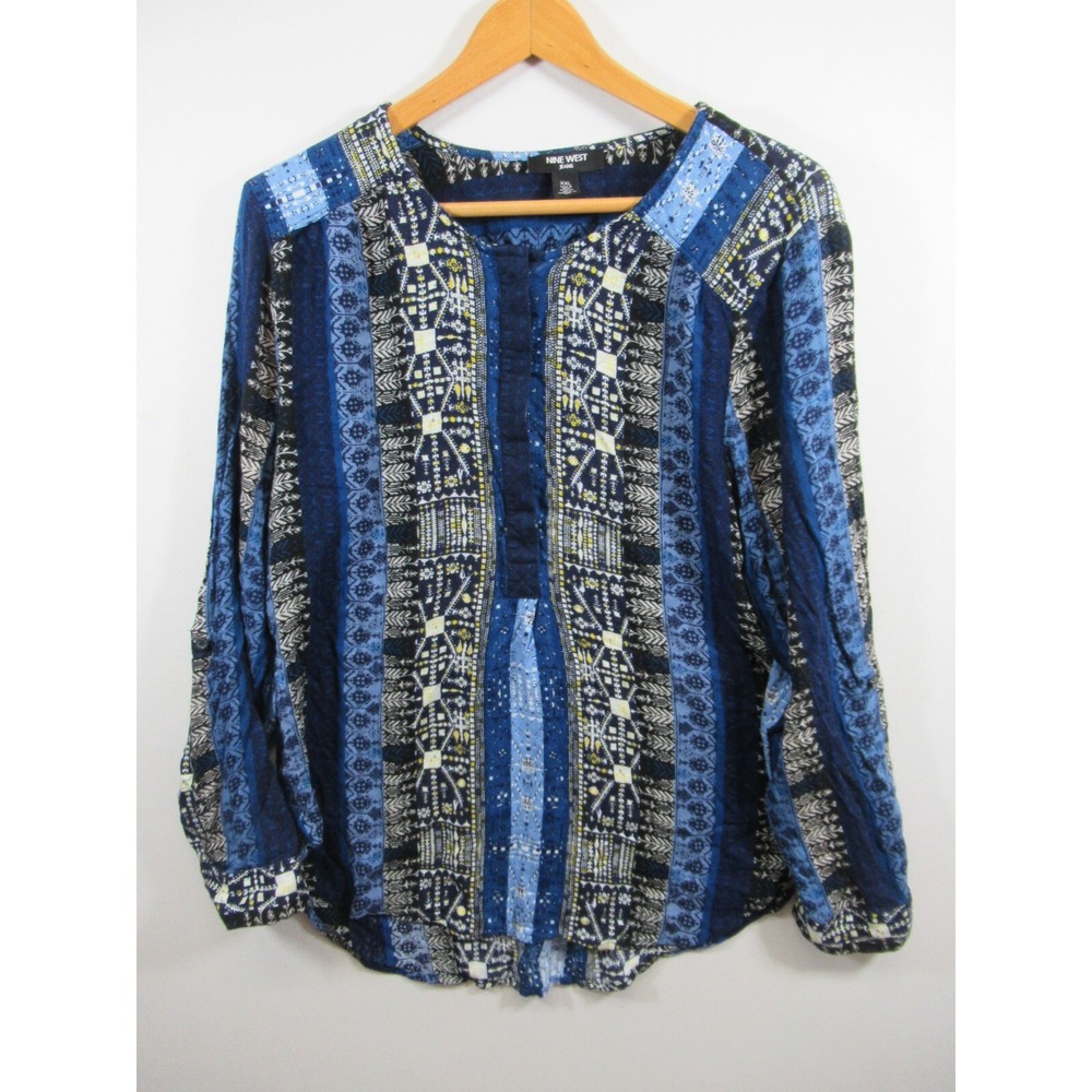 Nine West Popover Blouse Women 2XL Blue Roll Tab Long Sleeve Boho